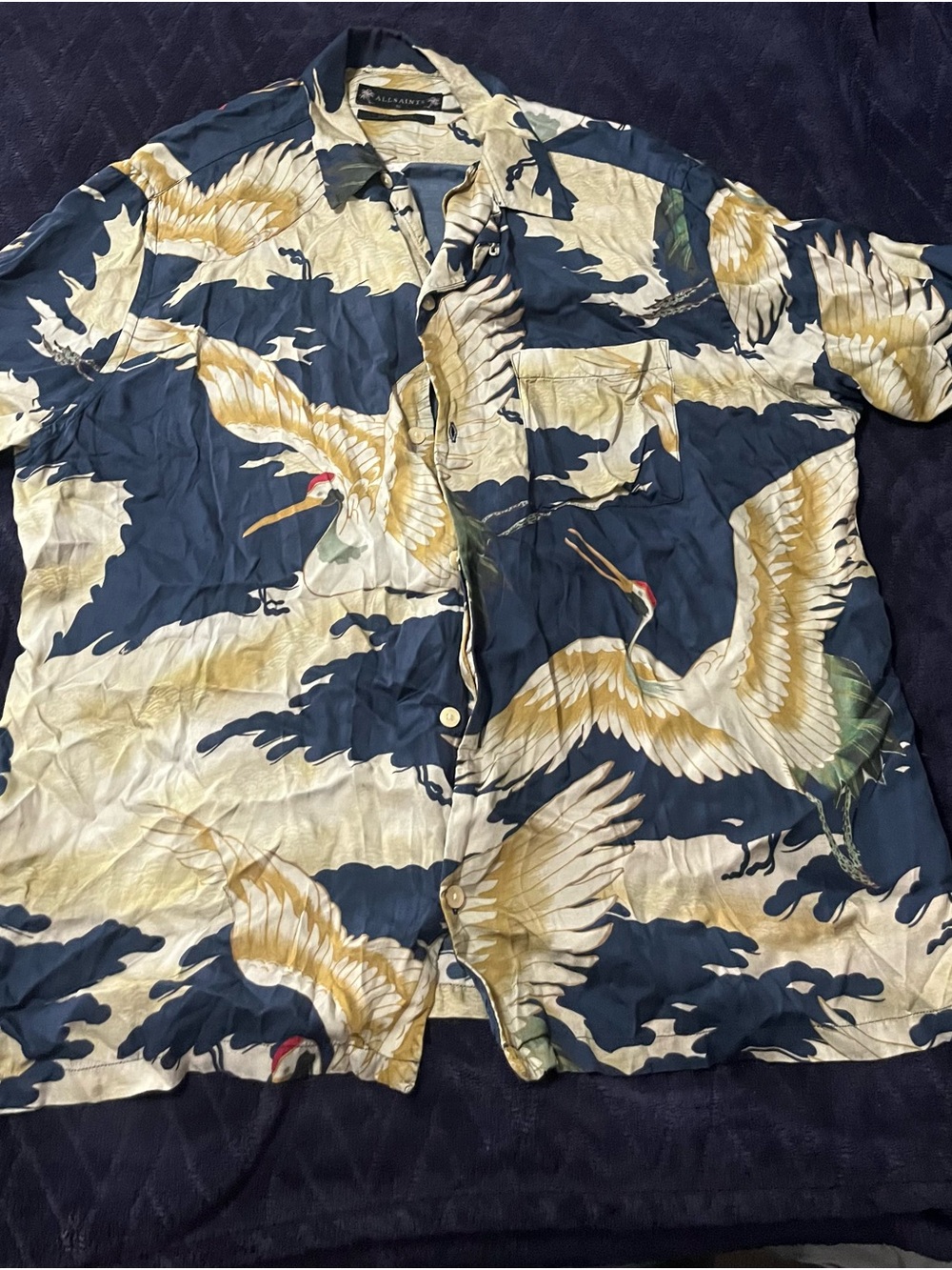 AllSaints Navy and Beige Crane-Print Short Sleeve Shirt Jacket